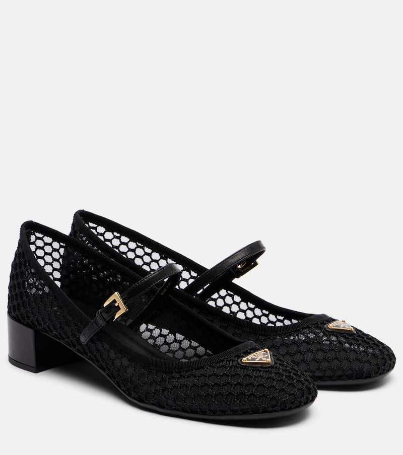 Prada Leather-trimmed mesh Mary Jane pumps