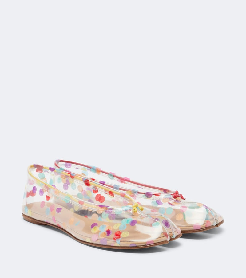 Maison Margiela Tabi printed ballet flats — clear PVC flats with multicolor confetti print and split-toe silhouette