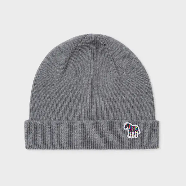 PS Paul Smith Grey 'Zebra' Logo Ribbed Lambswool Beanie Hat