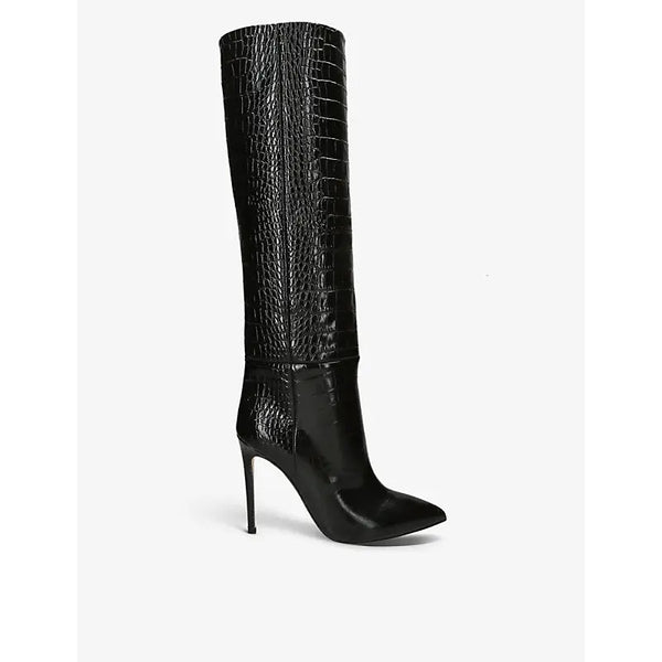 Paris Texas Pointed-toe croc-embossed leather knee-high boots