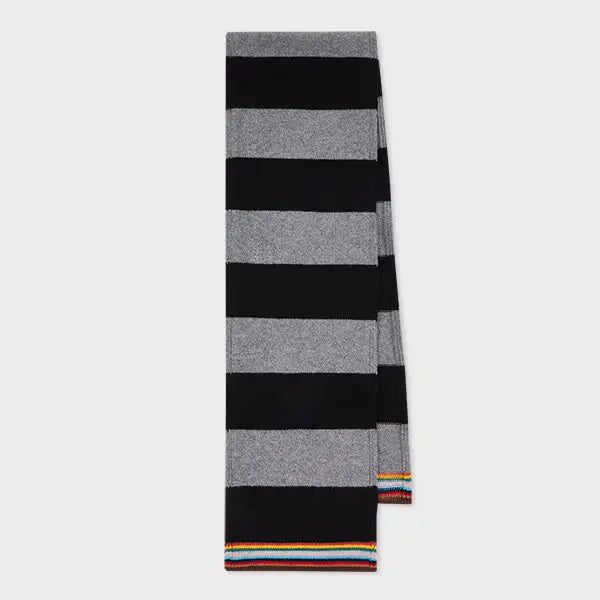 Paul Smith Black and Grey Block Stripe Scarf with 'Signature Stripe' Trim