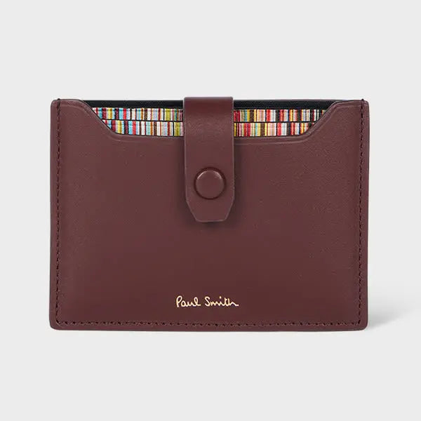 Paul Smith Burgundy Leather Credit Hard Holder With 'Signature Stripe' Pull Out | LYBSTORE