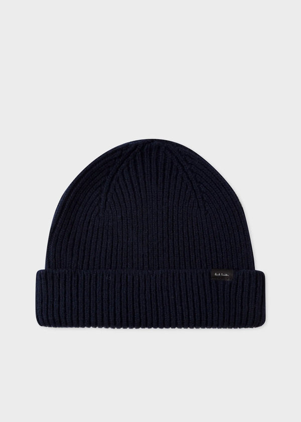 Paul Smith Navy Cashmere-Blend Ribbed Beanie Hat Blue