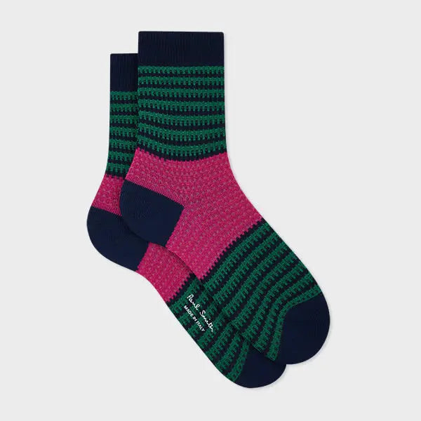 Paul Smith Women's Navy and Green Stripe Crochet Socks Blue