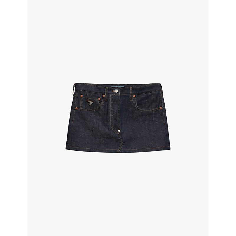 Womens Prada Brand-plaque low-rise denim mini skirt