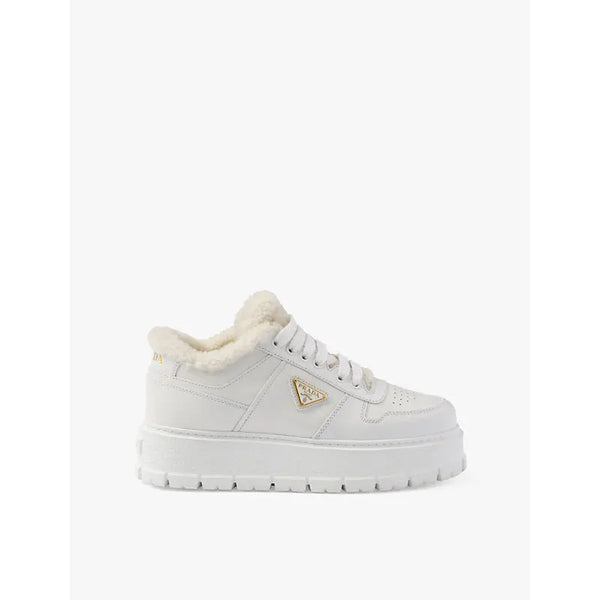 Prada Brand-plaque shearling-lined leather mid-top trainers