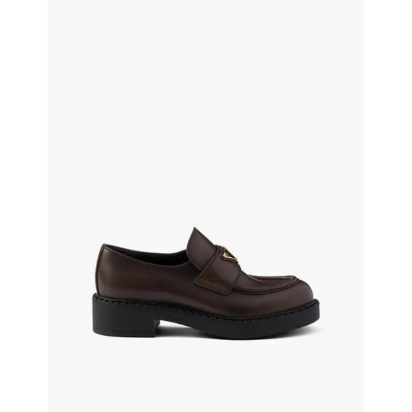 Prada Chocolate logo-plaque brushed leather loafers | Prada