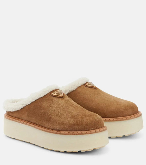 Prada Evolve shearling-lined suede platform mules | LYBSTORE