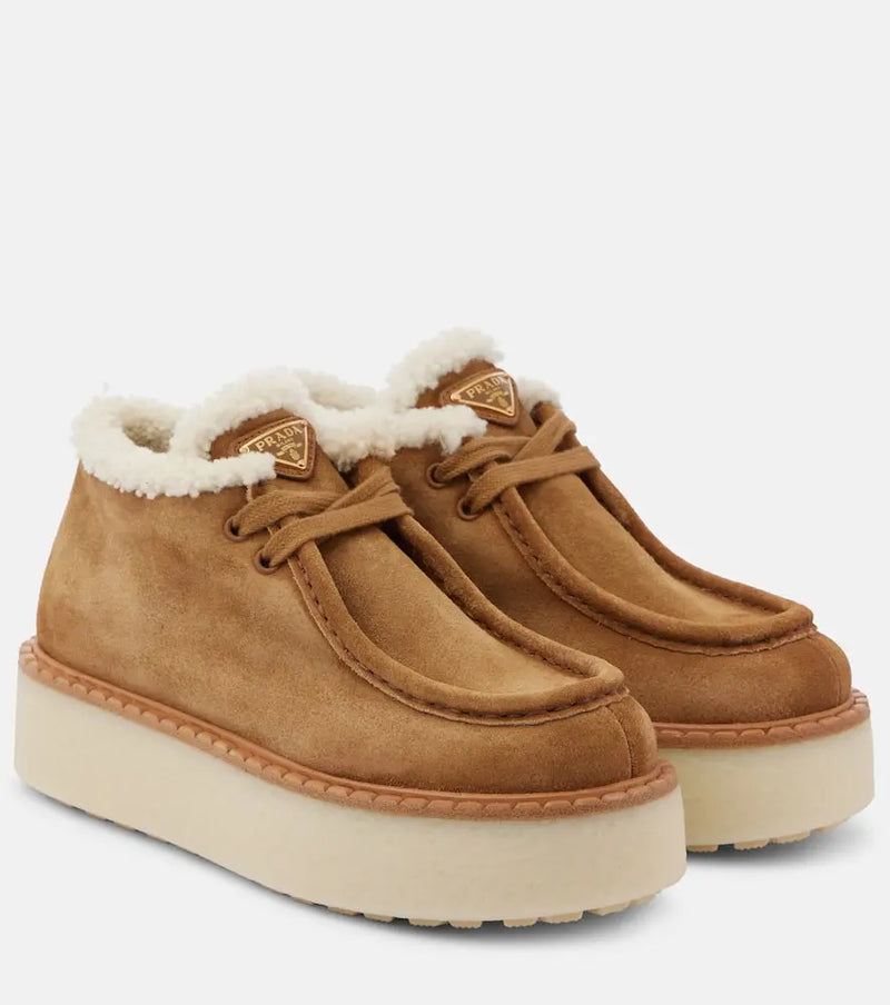 Prada Evolve shearling-trimmed suede platforms