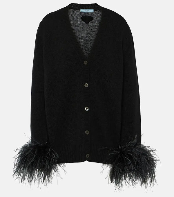 Prada Feather-trimmed cashmere cardigan | LYBSTORE