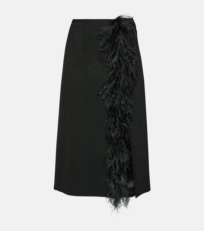 Prada Feather-trimmed wool midi skirt