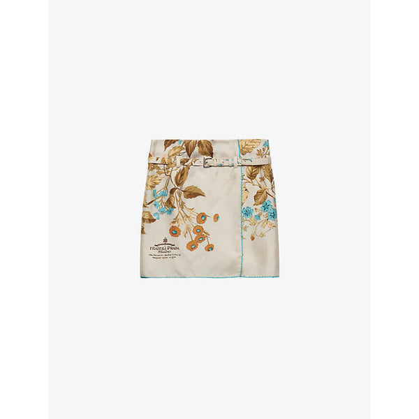 Womens Prada Floral-print archive-logo silk-twill mini skirt