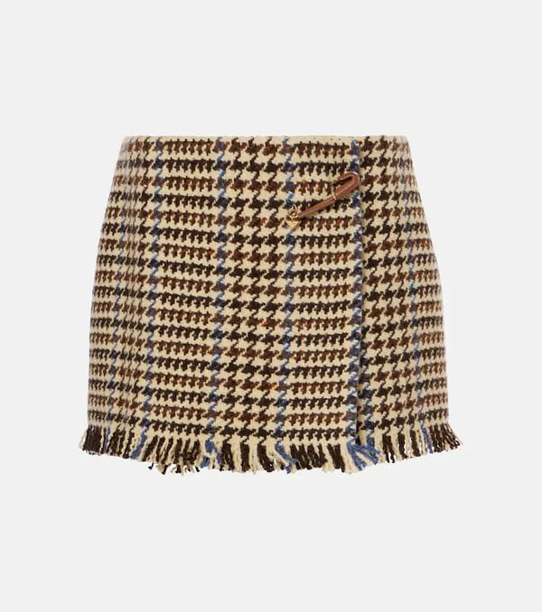 Prada Fringed houndstooth wool-blend miniskirt