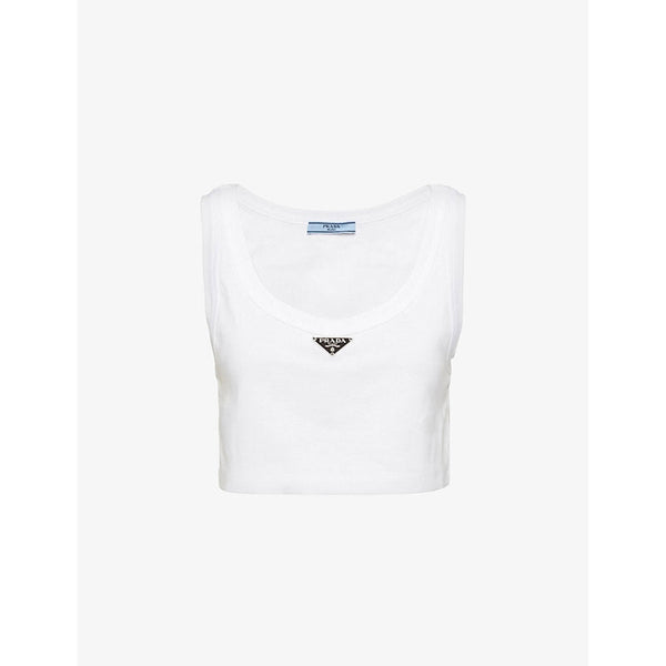 Womens Prada Logo-plaque cropped cotton-jersey tank top