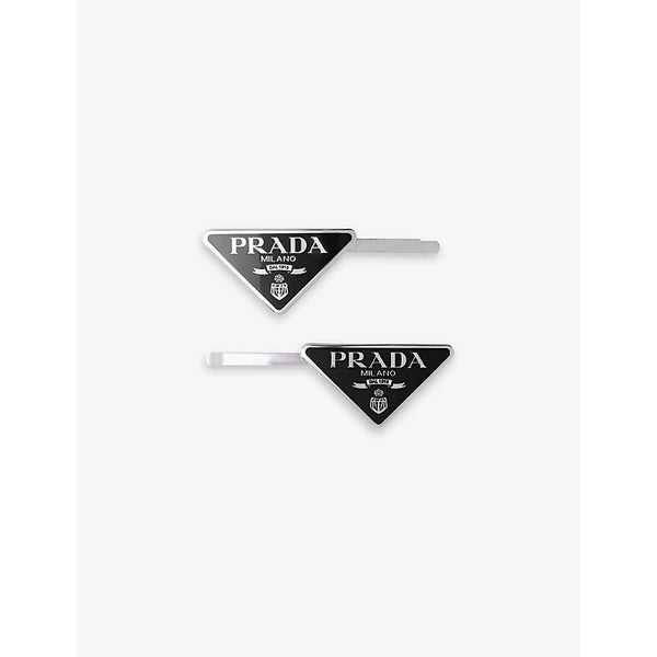 Prada Logo-plaque silver-toned metal hair clips set of two | LYBSTORE