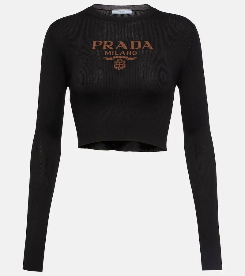 Prada Logo ribbed-knit silk crop top | LYBSTORE