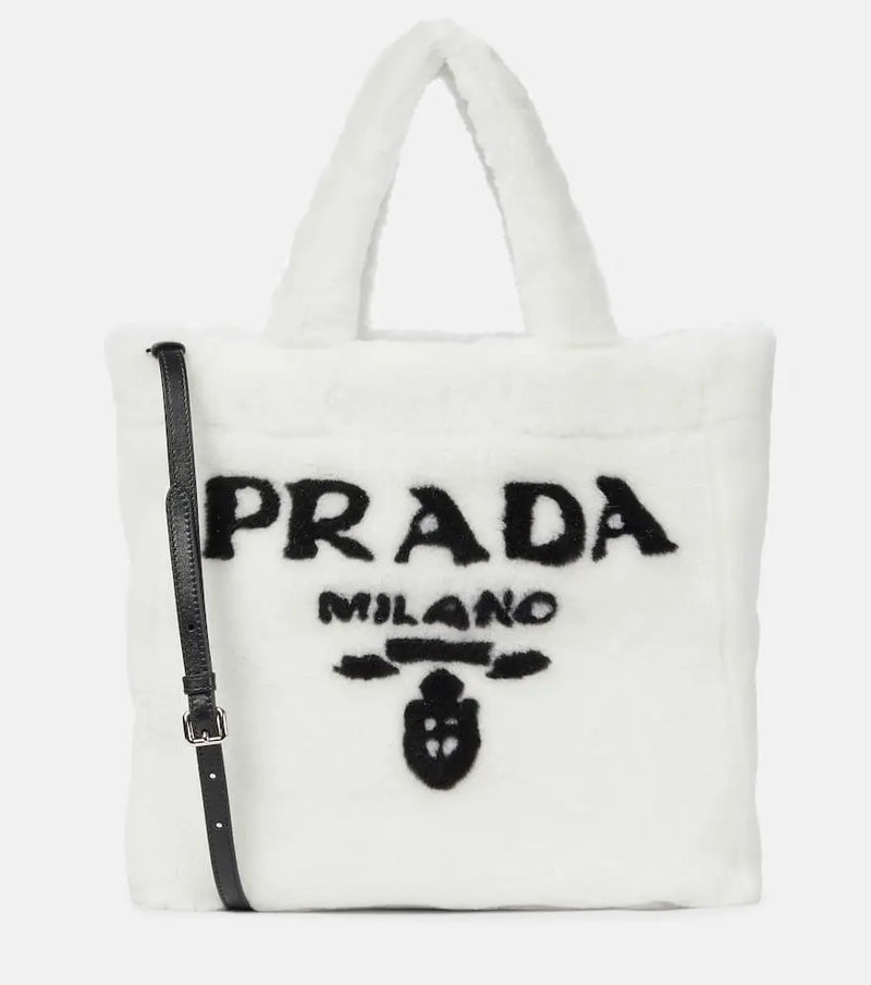 Prada Medium logo shearling tote | LYBSTORE