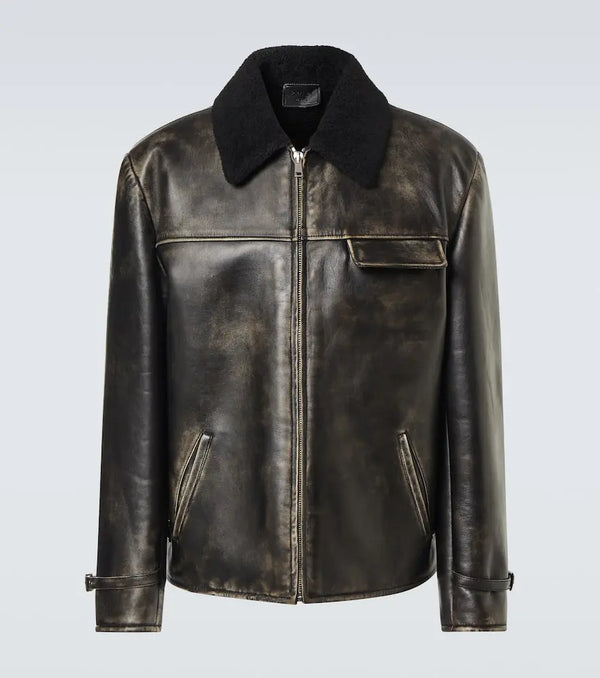 Prada Shearling-trimmed leather jacket | LYBSTORE