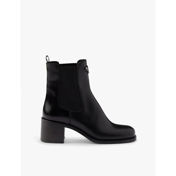 Prada Triangle-plaque brushed leather heeled boots | Prada