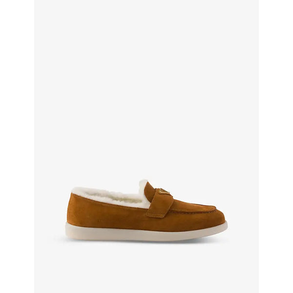 Prada Triangle-plaque suede and shearling loafers