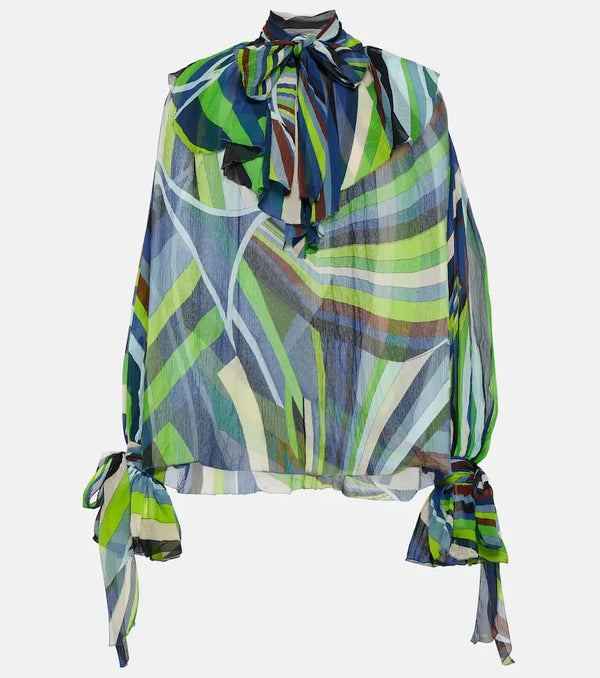 Pucci Printed tie-neck silk chiffon blouse | LYBSTORE