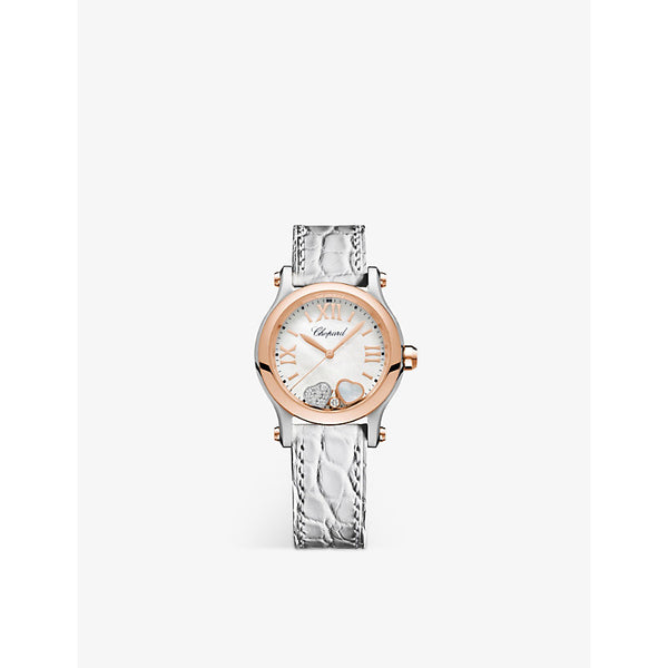 Chopard 278590-6005 Happy Sport 18ct rose-gold, stainless steel, mother-of-pearl, diamond and alligator-embossed leather watch