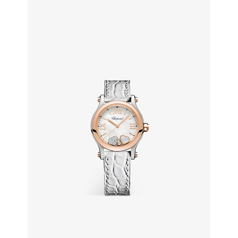 Chopard 278590-6005 Happy Sport 18ct rose-gold, stainless steel, mother-of-pearl, diamond and alligator-embossed leather watch