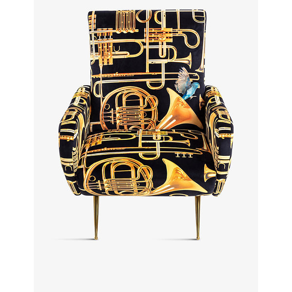 Seletti TOILETPAPER trumpet-print upholstered velvet armchair 86cm