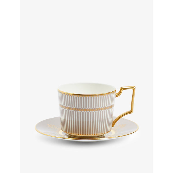 Wedgwood Anthemion grey-rim bone-china tea cup and saucer 15cm