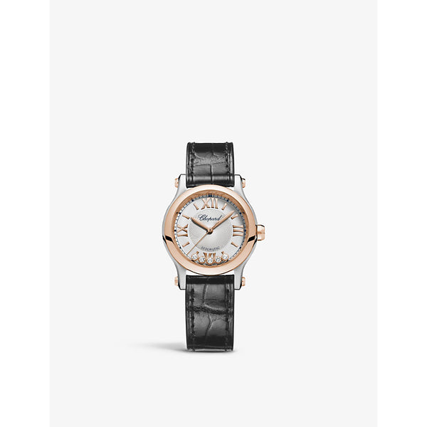 Chopard Happy Sport 18ct rose gold, stainless-steel, alligator-embossed leather and 0.14ct diamond self-winding mechanical watch