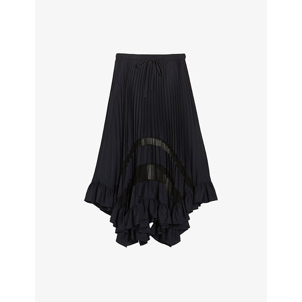 Claudie Pierlot Lace-embroidered asymmetric-hem pleated woven midi skirt