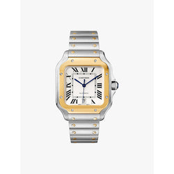 CRW2SA0009 Santos de Cartier large stainless-steel, 18ct yellow-gold and interchangeable leather strap automatic watch | CARTIER