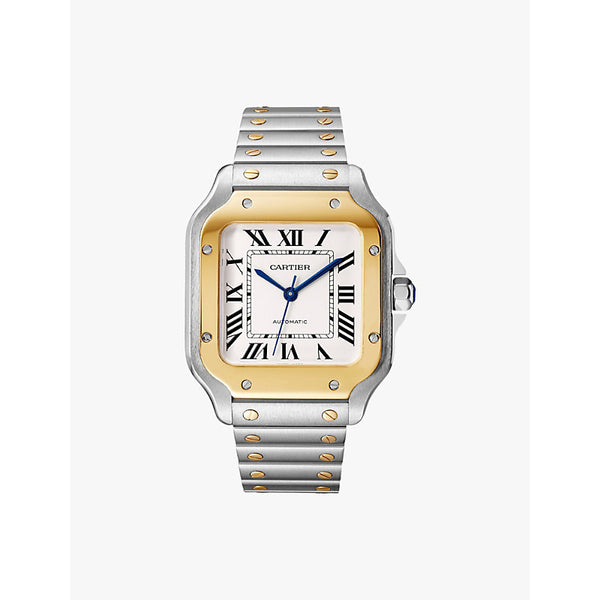 CRW2SA0016 Santos de Cartier medium model stainless-steel, 18ct yellow-gold and interchangeable leather strap automatic watch