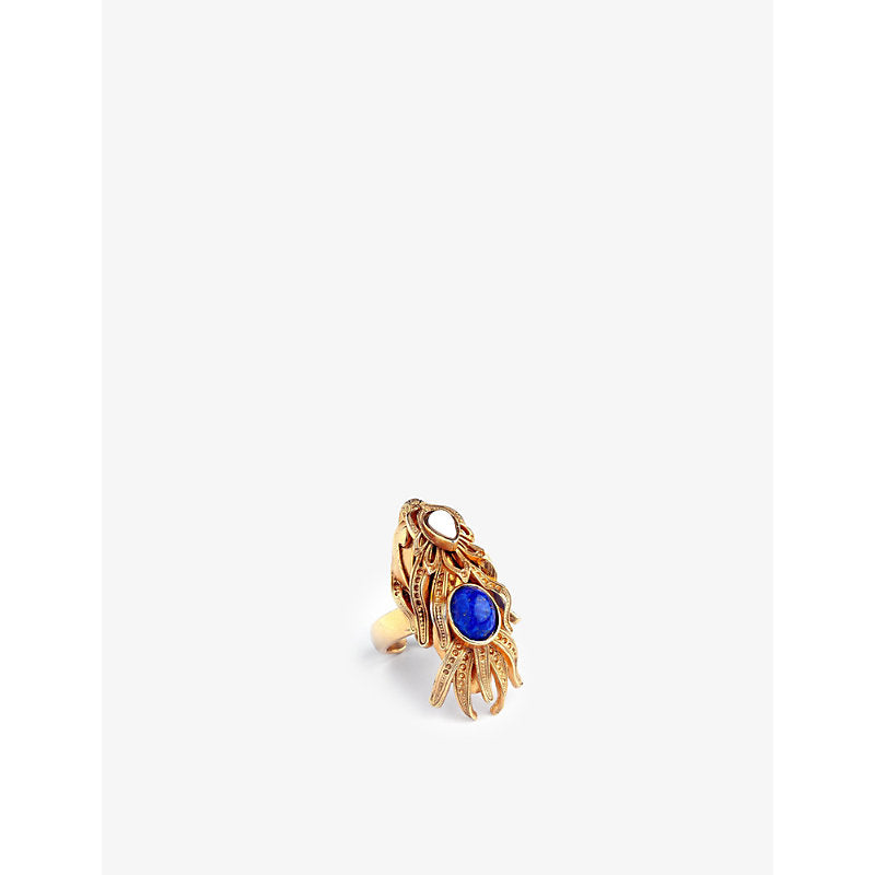 La Maison Couture Sonia Petroff Dragon Fish 24ct yellow gold-plated brass, agate and lapis lazuli ring