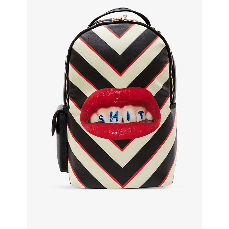  Seletti Wears Toiletpaper lipstick-print striped faux-leather backpack