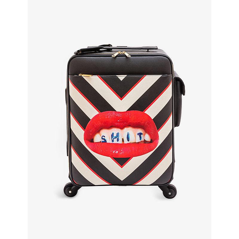 Seletti wears Toiletpaper lipstick-print striped faux-leather suitcase