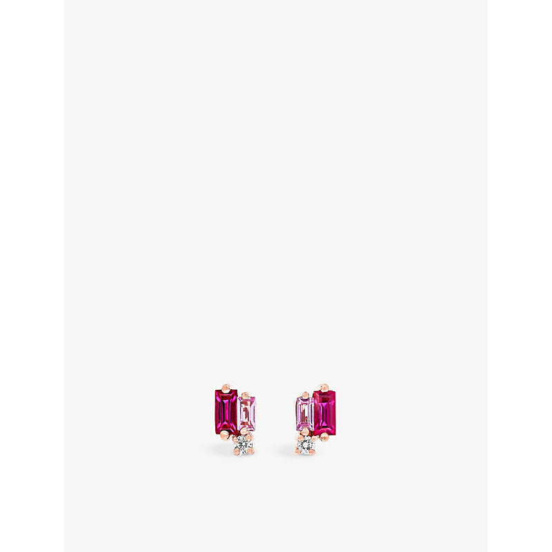 Suzanne Kalan Fireworks 18ct rose gold, 0.52ct baguette-cut sapphire and 0.04ct brilliant-cut diamond stud earrings