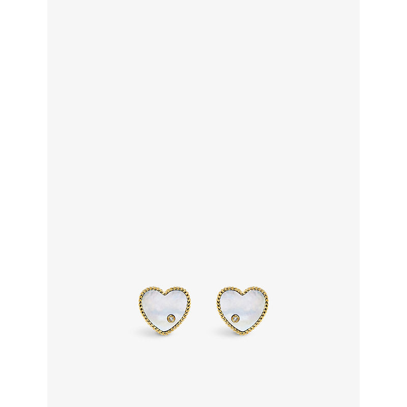 Yvonne Leon Heart 9ct yellow-gold, 0.02ct brilliant-cut diamond and mother-of-pearl stud earrings