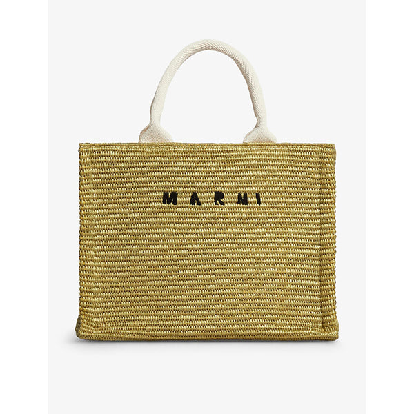 Marni Embroidered-logo woven-raffia tote bag