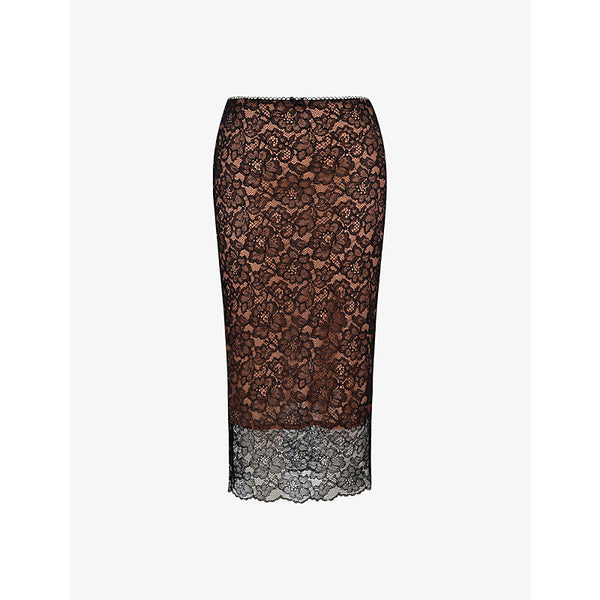  House Of Cb Yolanda floral stretch-lace midi skirt