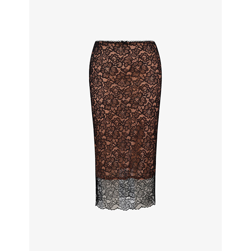  House Of Cb Yolanda floral stretch-lace midi skirt