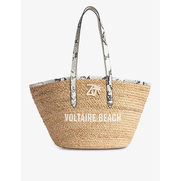 Zadig&Voltaire Slogan-embroidered leather-handle jute tote