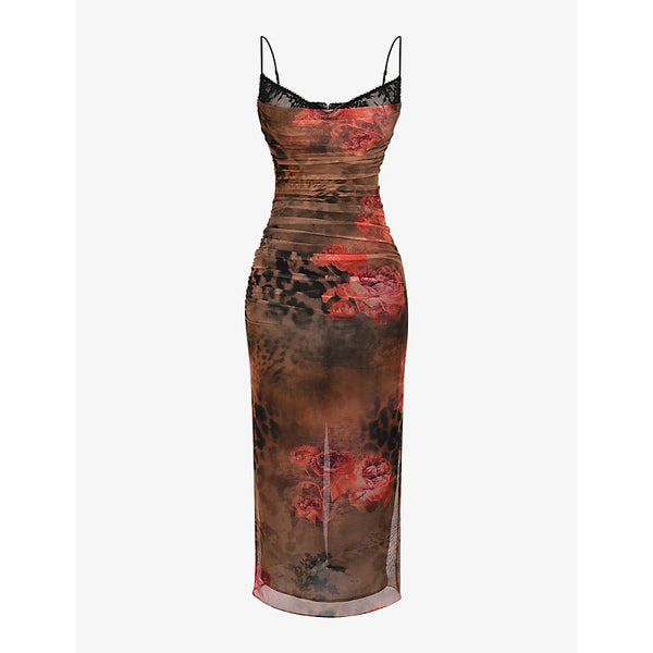 House Of Cb Nalini floral and leopard-print stretch-mesh midi dress | HOUSE OF CB