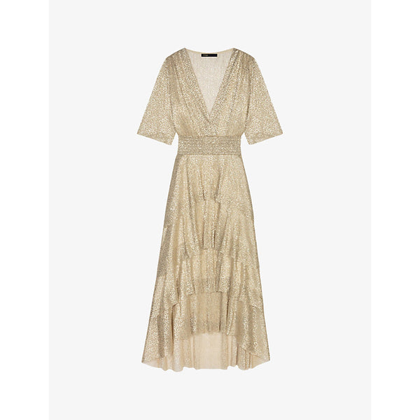  Maje Ruffino metallic tiered-hem woven midi dress