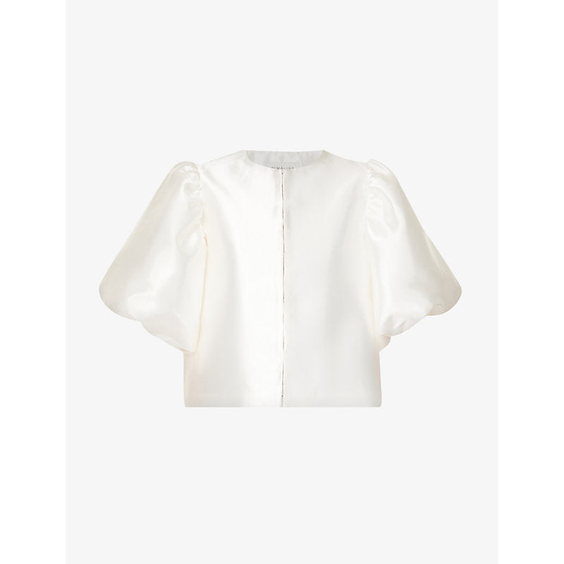  Malina Cleo round-neck puff-shoulder woven blouse