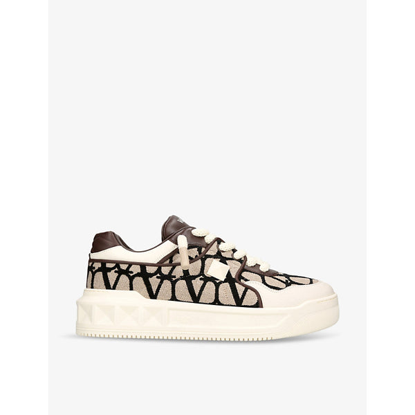 Valentino Garavani One Stud branded leather and canvas low-top trainers