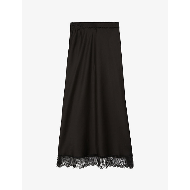  The Kooples Scalloped lace-trim high-rise silk midi skirt