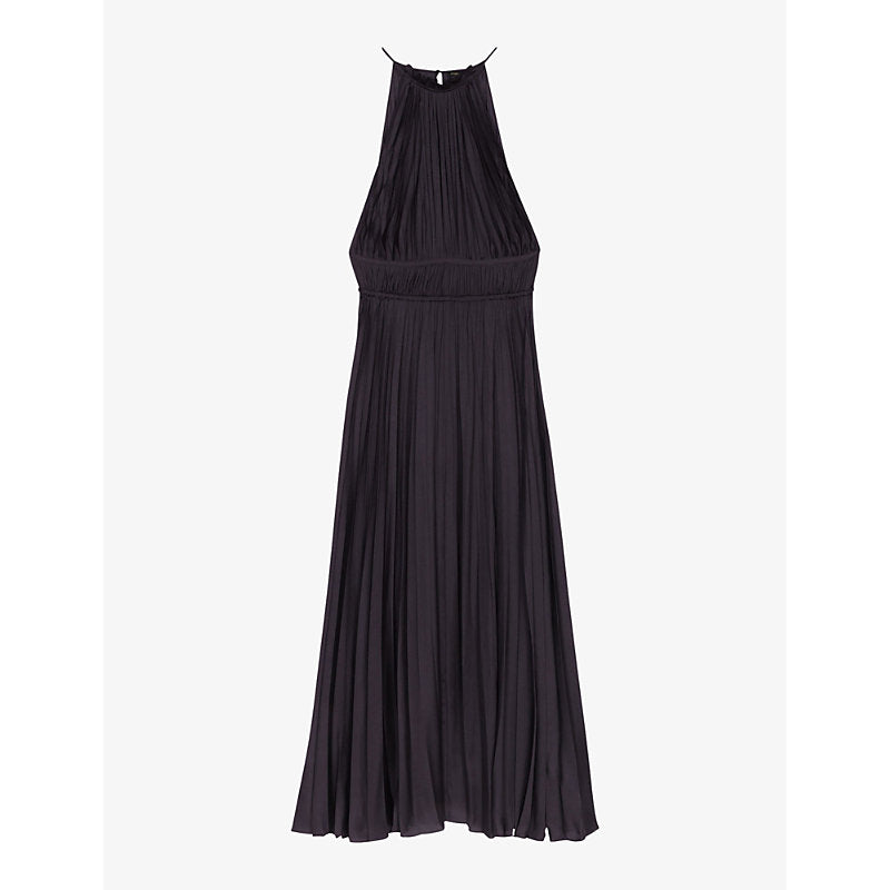 Maje Villy halter-neck pleated satin maxi dress | MAJE