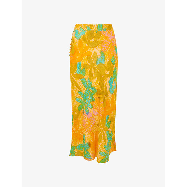 Whistles Palm floral-print button-embellished woven midi skirt