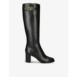 Valentino Garavani VLogo brand-plaque leather heeled knee-high boots